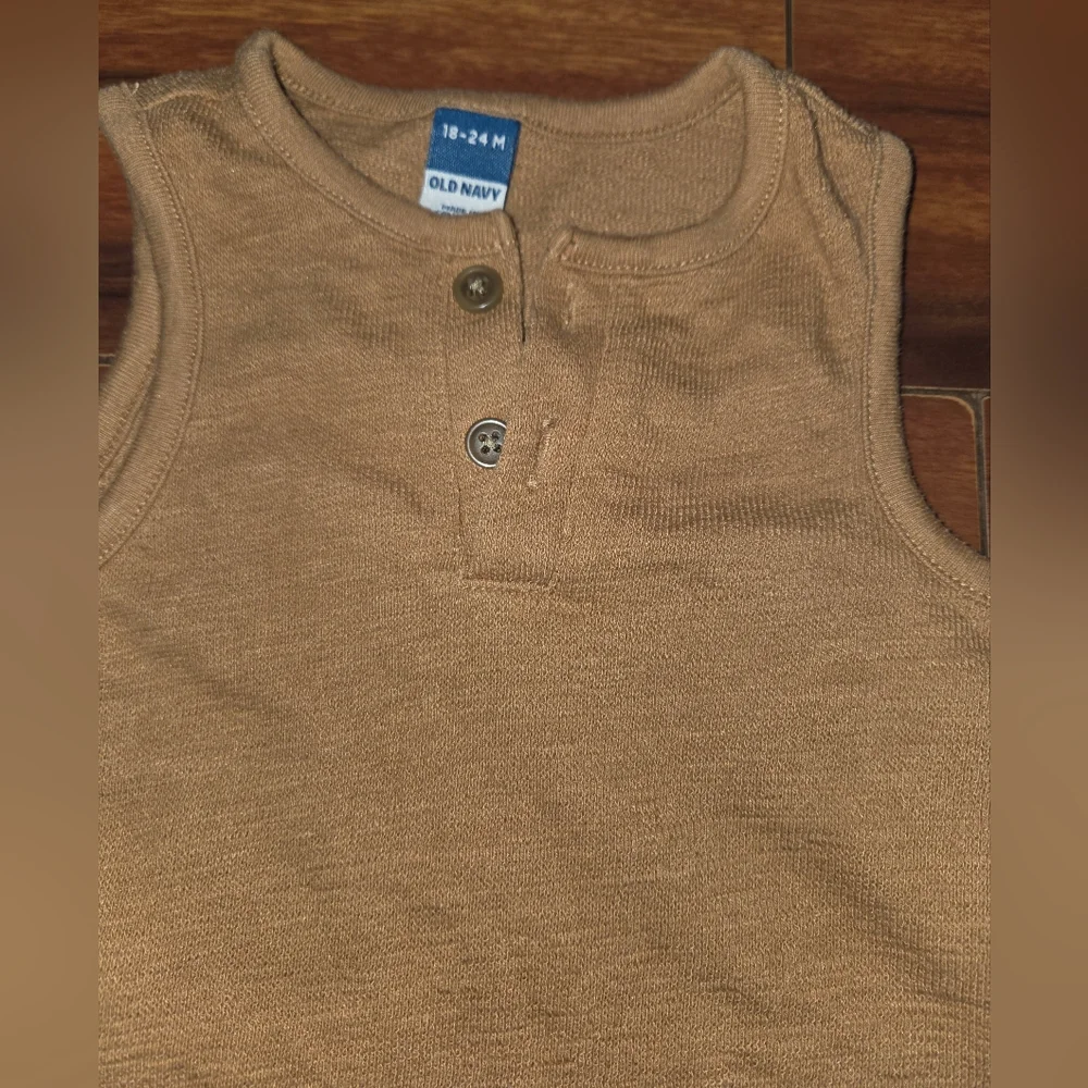 (2) Old Navy Olive Green & Brown Sleeveless Baby Henley Rompers Snap In Crotch